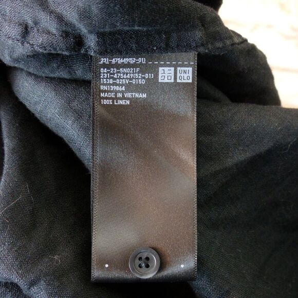 Uniqlo Shirt Womens XS Relaxed Black 100% Linen Skipper Collar Popover ¾ Sleeve - Picture 10 of 12